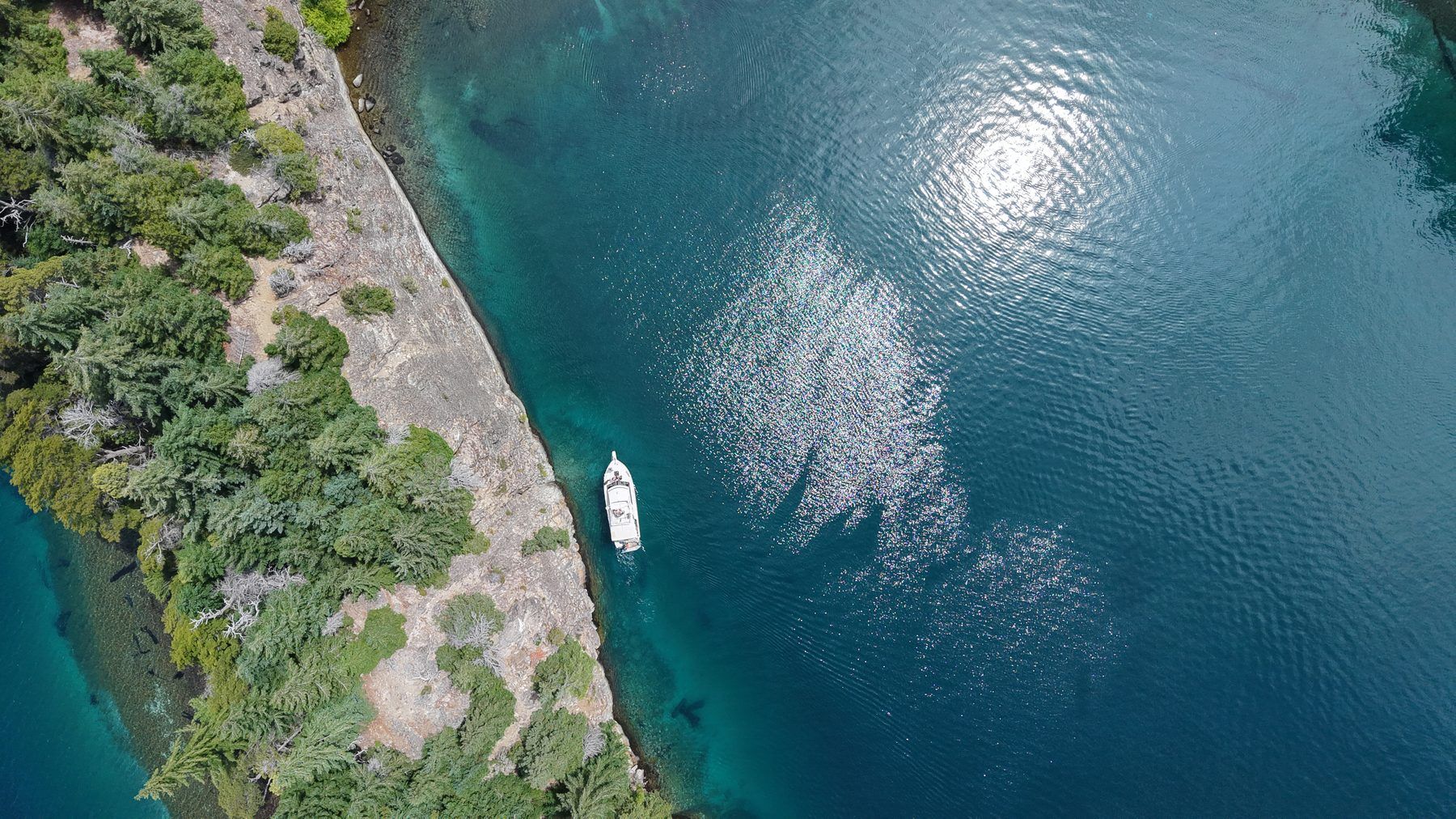 Vista aérea de bahía con bosque patagónico